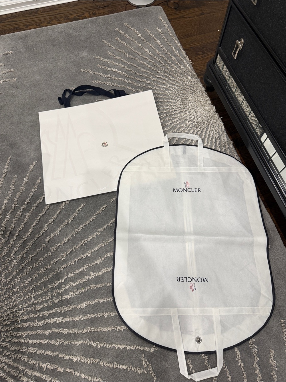 Moncler White Garment Cover 35” with Black Trim and shopping bag 21x24x7.5”